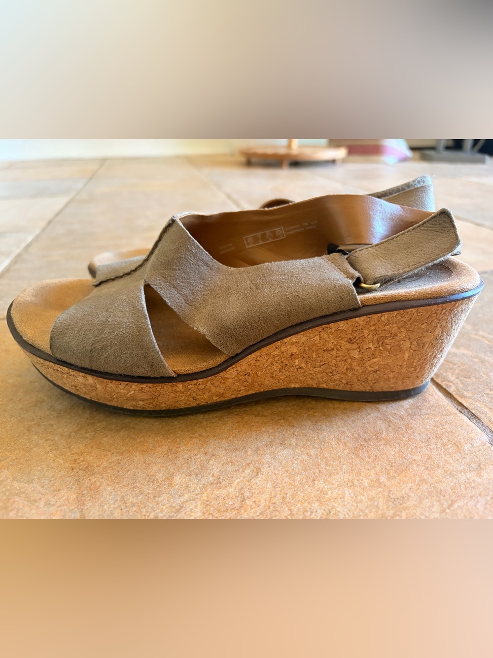 Suede Cork Wedge Sandals in Taupe